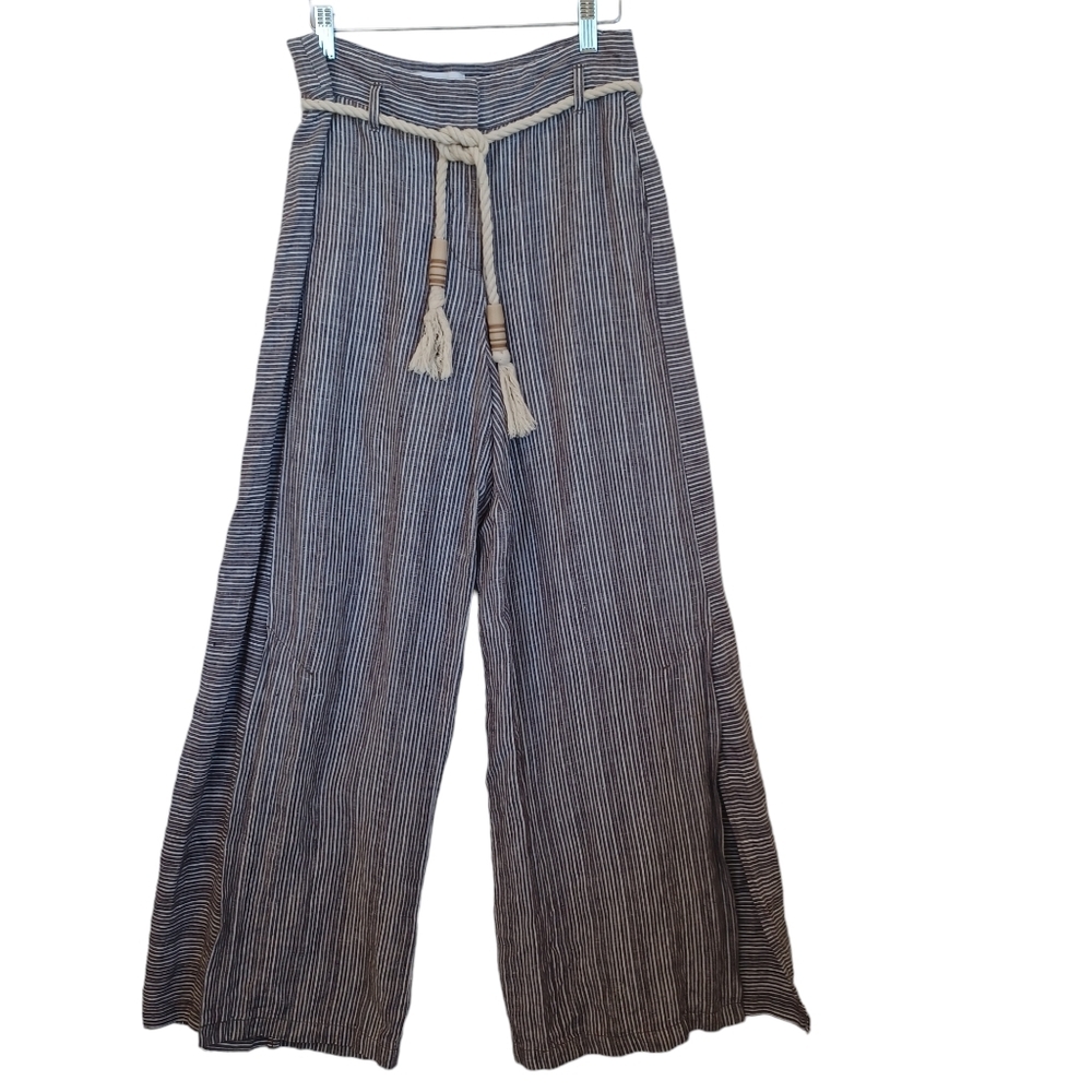 Ett Twa Anthropologie Striped Wide Leg Pants Brown White Rope Belt Tassel Size 2 - Picture 14 of 15